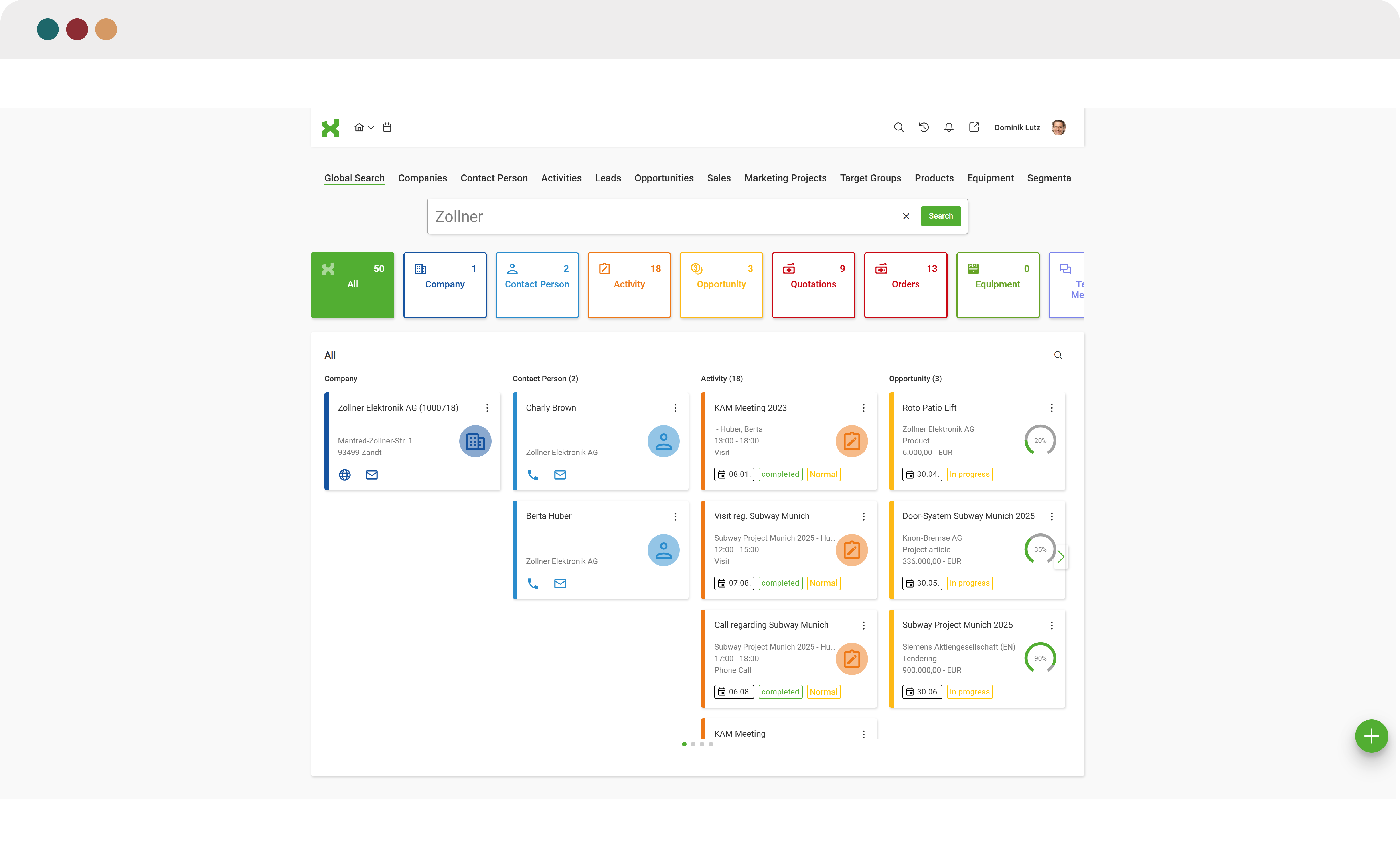 Screenshot der globalen Suche in itmX mit dem Suchbegriff „Zollner“. Ergebnisse sind nach Kategorien wie Unternehmen, Kontaktpersonen, Aktivitäten und Opportunities sortiert und farblich hervorgehoben. Die übersichtliche Kachelstruktur zeigt relevante ERP-, CRM- und Microsoft-Informationen wie beispielsweise Mails, Chats und Sharepoint Daten auf einen Blick.