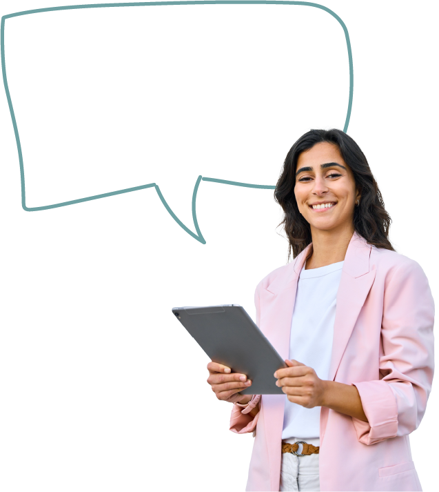 Procurement-Mitarbeiterin mit Tablet und Sprechblase «Als Einkäuferin möchte ich die Beschaffung an den tatsächlichen Bedarf von Produktion und Lagerbestand anpassen, um unnötige Bestellungen und hohe Kosten zu vermeiden.»