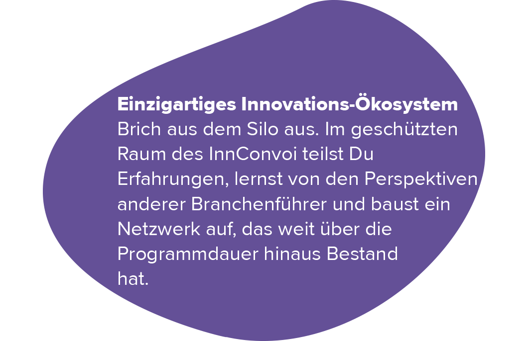 Einzigartiges Innovations-Ökosystem. Breche aus dem Silo aus. Im geschützten Raum des InnConvoi teilst du Erfahrungen, lernst von den Perspektiven anderer Branchenführer und baust ein Netzwerk auf, das weit über die Programmdauer hinaus Bestand hat.