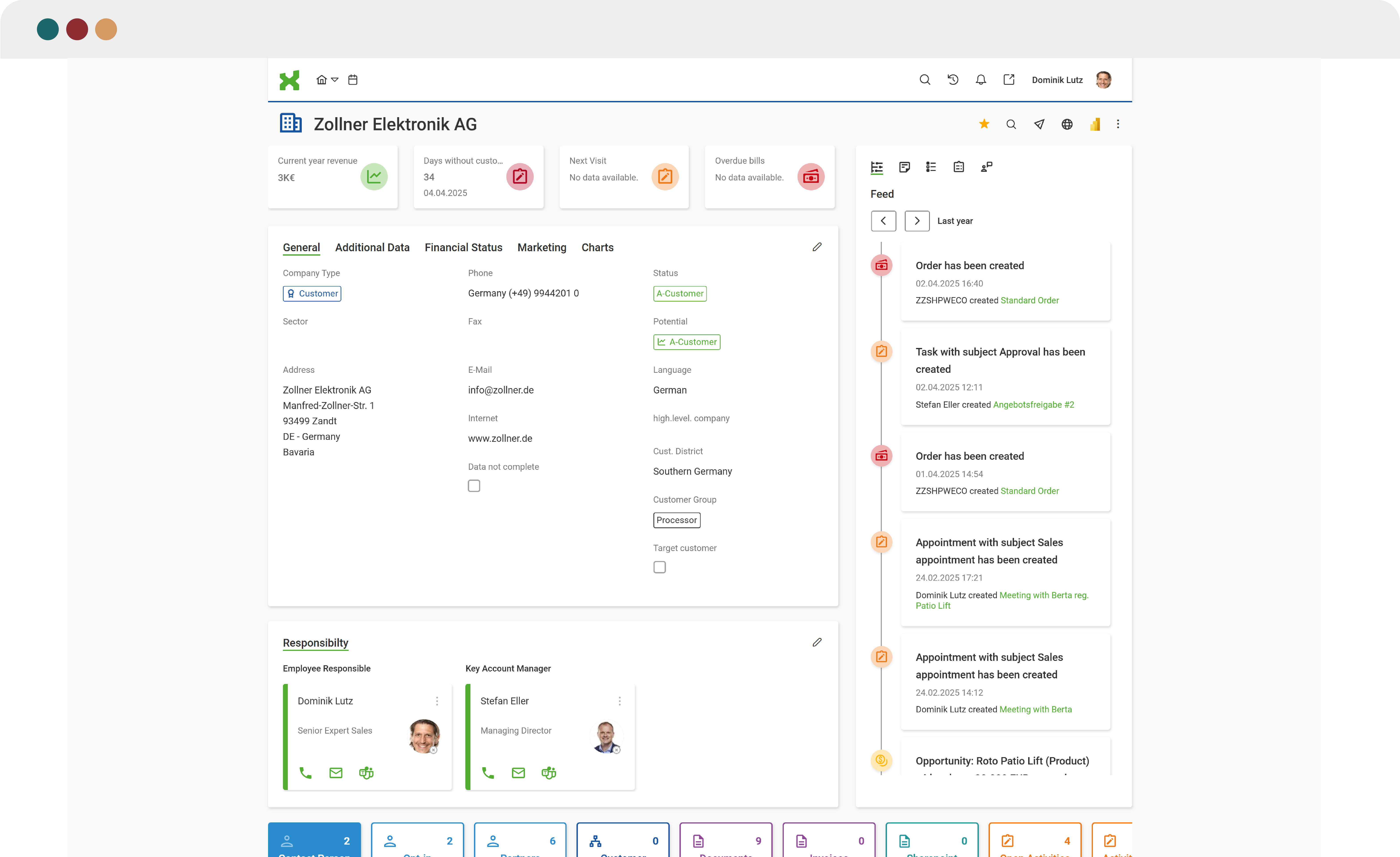 Screenshot der Benutzeroberfläche der itmX CRM Suite mit Detailansicht zum Kunden „Zollner Elektronik AG“ – zeigt Informationen zu Kundenstatus, Umsatz, Aktivitäten und Dokumenten sowie eine Feed-Zeitleiste mit Interaktionen und Verantwortlichkeiten.